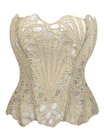 Women'S Random Pattern Lace up Shapewear Tube Top, Elegant Contrast Lace Corset Top, Tummy Control Shapewear for Women