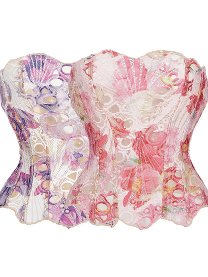 Women'S Random Pattern Lace up Shapewear Tube Top, Elegant Contrast Lace Corset Top, Tummy Control Shapewear for Women