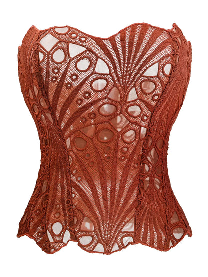 Women'S Random Pattern Lace up Shapewear Tube Top, Elegant Contrast Lace Corset Top, Tummy Control Shapewear for Women