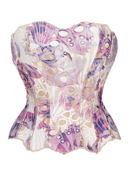 Women'S Random Pattern Lace up Shapewear Tube Top, Elegant Contrast Lace Corset Top, Tummy Control Shapewear for Women