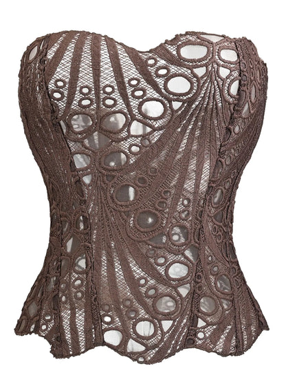 Women'S Random Pattern Lace up Shapewear Tube Top, Elegant Contrast Lace Corset Top, Tummy Control Shapewear for Women