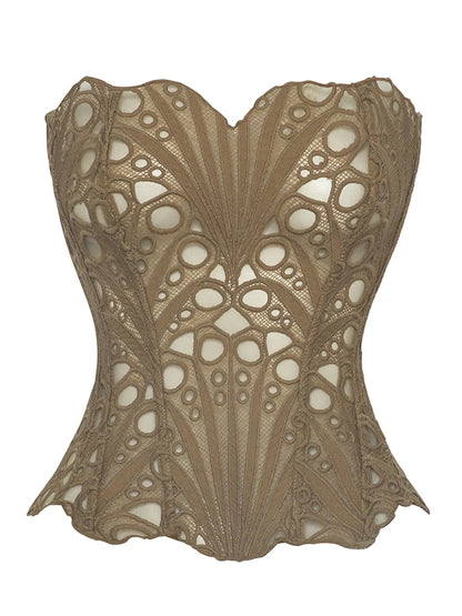 Women'S Random Pattern Lace up Shapewear Tube Top, Elegant Contrast Lace Corset Top, Tummy Control Shapewear for Women